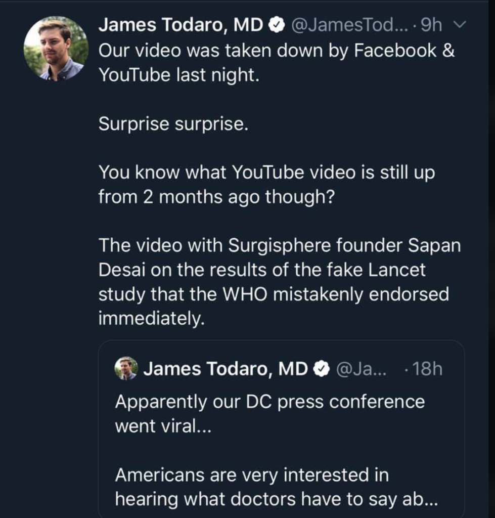 @JamesTodaroMD on Twitter letting the world know about content removal on YouTube and Facebook.